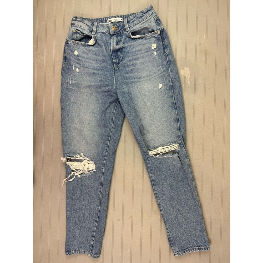 Zara Size 4 Womens Jeans Straight Distress Light Wash Cotton High Rise Ankle